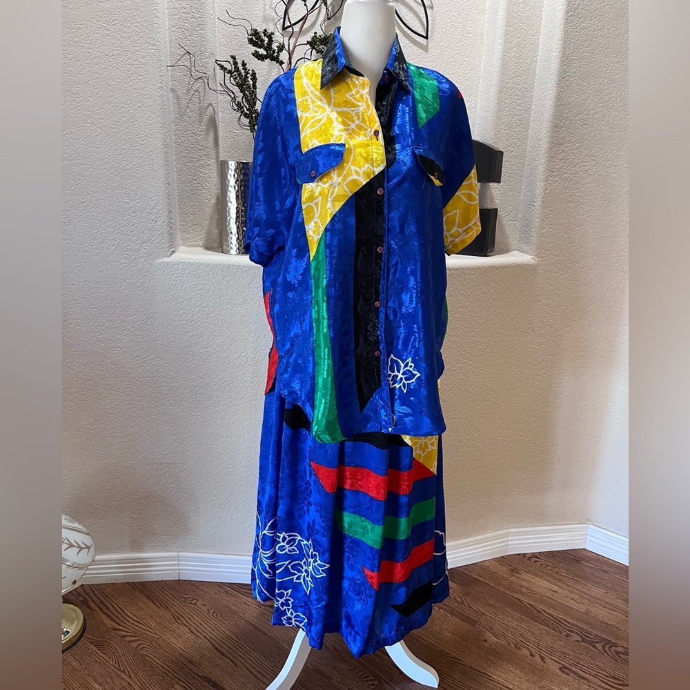 Vtg 90s Jewel Tone Floral Abstract Satin Top & Midi Pleated Skirt Set Coco Sz L